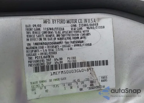 2003 Mercury Sable Gs from USA, damaged, VIN 1MEFM50U03G604897